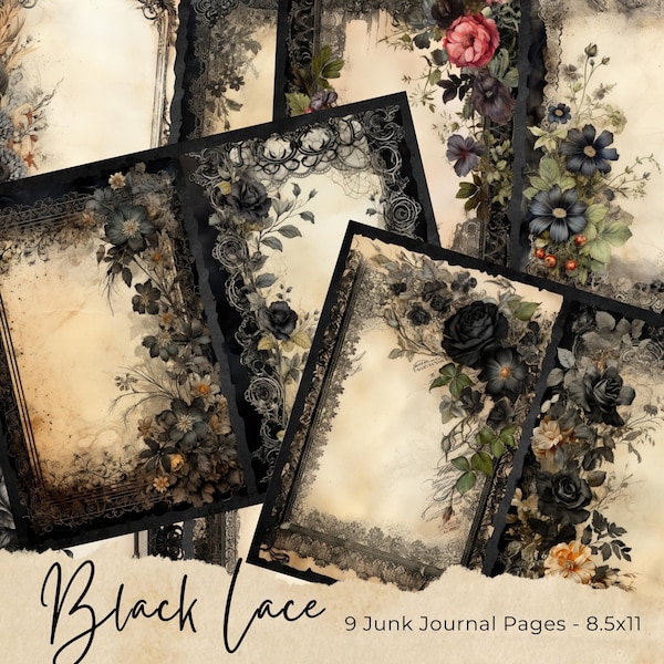Vintage Black Lace Junk Journal Pages Goth Floral Journaling Paper Junkjournal Digi Kit Supplies Printable Collage Sheet Scrapbooking Paper