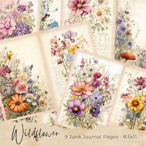 Página para impressão do Junk Journal de flores silvestres em aquarela, kit de diário de lixo de flores, folha de colagem digital de papel de diário de lixo, download instantâneo
