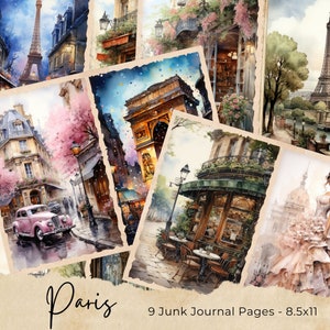 Páginas de diário de lixo de paisagem de Paris em aquarela, kit de diário de lixo vintage de Paris, papel de diário de lixo, folha de colagem digital, Paris Digital