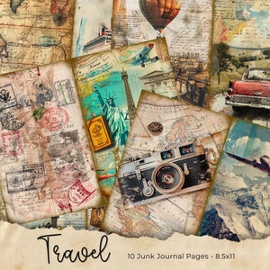 Vintage Reise Junk Journal Seiten, digitale Blumen Ephemera, druckbare Shabby Collage Sheet, antiker Koffer, Scrapbook Urlaub Papier Kit