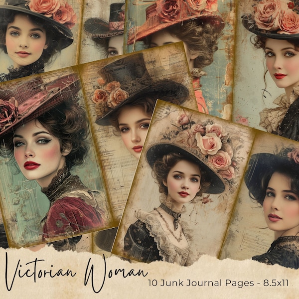 Victorian Women Junk Journal Pages, Digital Ephemera Kit, Antique Scrapbook Paper, Vintage Ladies, Printable Collage Sheet, Old Handwriting