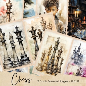 Gothic Chess Junk Journal Seiten, Checkboard Scrapbook Seite, Dark Fantasy Journal Seiten, bedruckbares Papier, Collage Sheet, digitaler Download