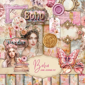 Kit de journal indésirable coloré bohème hippie, pages prédéfinies, pages complètes, cartes, étiquettes, folio, fournitures de journal, numériques, imprimable. Téléchargement JPG