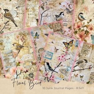 Vintage Bird Junk Journal Pages, Digital Floral Scrapbook Paper Kit, Printable Collage Sheet, Antique Animal Pages, Spring Flower Ephemera