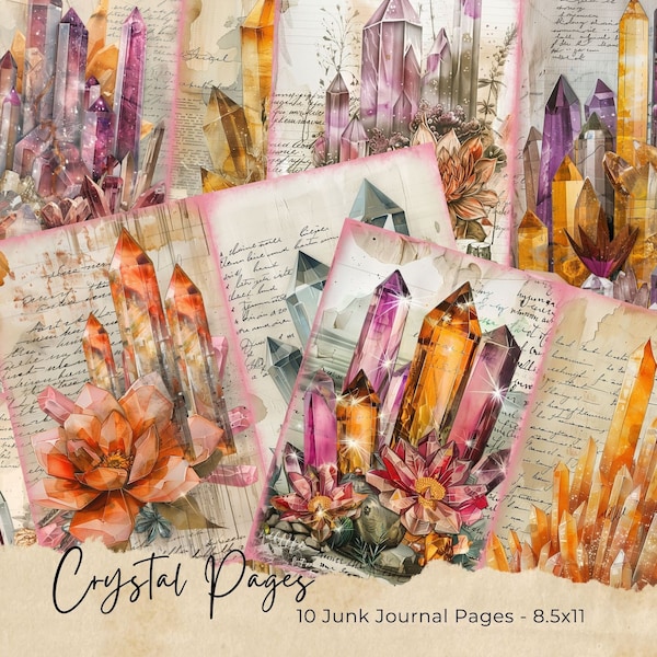 Crystal Junk Journal Pages, Mystic Crystals Junk Journal Pages, Digital Scrapbook Paper Kit, Magic Stones Printable, Vintage Diamond Collage