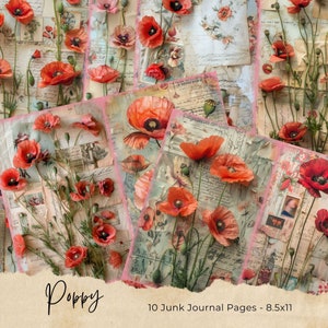 Aquarell Mohnblumen Junk Journal Seiten, Mohnblumen Papier, Blumen Junk Journal, Vintage rote Mohnblume Junk Journal Kit, Junk Journal Printable