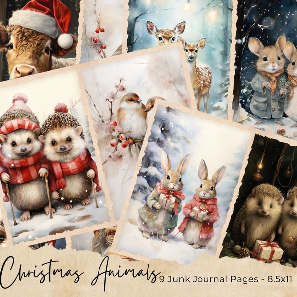 Christmas Animals Junk Journal Kit, Vintage Merry Christmas Junk Journal Pages, Santa Scene Junk Journal Printable Paper, Digital Collage