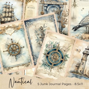 Vintage Nautical Junk Journal Pages, Digital Scrapbook Paper Kit, Printable Collage Sheet, Sea Ephemera, Shabby Chic Beach, Marine Download