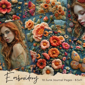 Wildflowers Embroidery Digital Junk Journal Background, Vintage Embroidery Collage Printable, Digital Kit, Junk Journal, Flower Ephemera