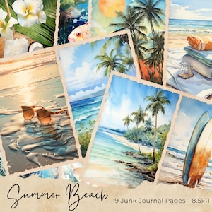 Beach Junk Journal Pages, Digital Beach Themed Scrapbook Paper, Printable Coastal Collage Sheet, Vintage Nautical Junk Journal Kit