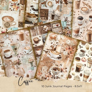 Vintage Coffee Junk-dagboekpagina's, chocoladedagboekkaart, delicate collagepagina's voor drinkgerei, digitaal collageblad kaneel, koffieliefhebbers