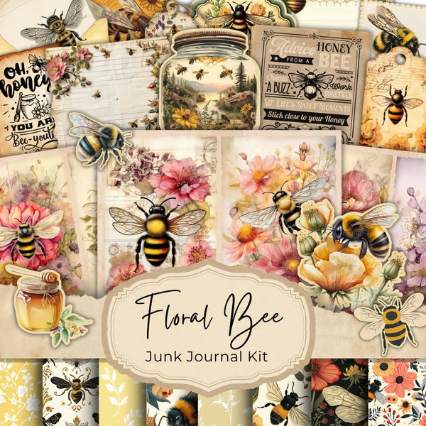 Junk Journal Watercolor Bee Garden, Printable Kit, Vintage, Bee, Journal Ephemera, Collage Sheets, Scrapbook Supplies, Digital Download