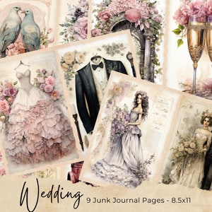 Vintage Wedding Junk Journal Pages, Digital Scrapbook Paper Kit, Bridal Printable, Flowers Collage Sheet, Marriage White Dove, Love Ephemera