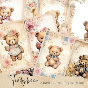 May include: Nine printable junk journal pages featuring illustrations of teddy bears with floral accents. The pages are designed in a vintage style with a distressed background and are perfect for adding to your craft projects.