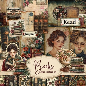 Secret Library Junk Journal Kit, afdrukbare JPG-pagina's met ephemera, tags, bladwijzer, Dark Academia, oud boek digitaal papier, digitale download
