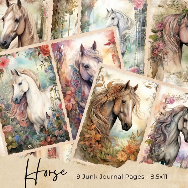 Watercolor Floral Horse Junk Journal Kit Journal Pages, Horses Junk Journal Printable Paper, Digital Collage Sheet, Instant Download