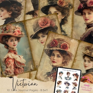 Dame victorienne à l'aquarelle, pages imprimables du journal indésirable, page de téléchargement numérique, carte vintage, feuille de collage numérique, kit de journaux indésirables
