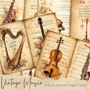 Páginas de diario basura de música vintage, kit de papel de álbum de recortes digital, instrumentos musicales imprimibles, hoja de collage, efímera de partituras, piano antiguo