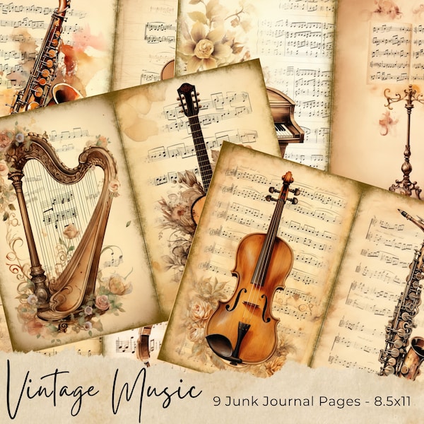 Vintage Music Junk Journal Pages, Digital Scrapbook Paper Kit, Musical Instruments Printable, Collage Sheet, Sheet Music Ephemera, Old Piano