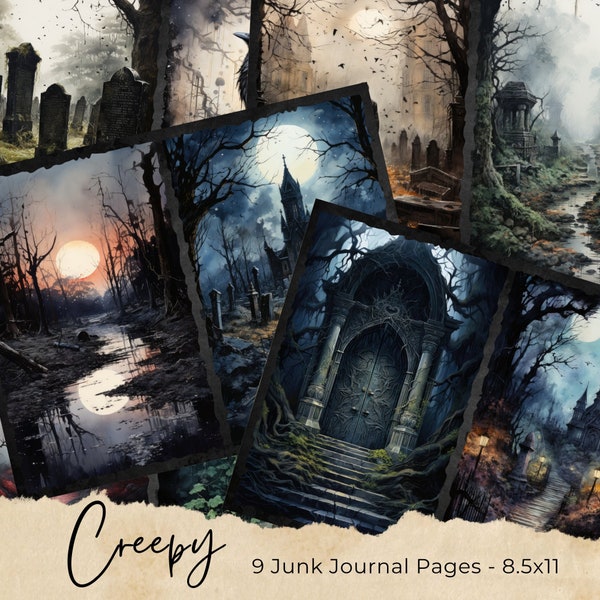 Creepy Graveyard Junk Journal Pages, Digital Scrapbook Paper Kit, Spooky Printable, Haunted Collage Sheet, Halloween Ephemera, Goth Horror