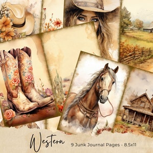 Pagine stampabili del diario spazzatura occidentale dell'acquerello, kit diario spazzatura cowboy, carta per diario spazzatura cowgirl, foglio di collage digitale