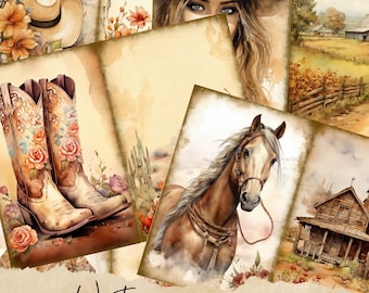 Aquarelle Western Junk Journal Pages imprimables, Cowboy Junk Journal Kit, Cowgirl Junk Journal Paper, Feuille de collage numérique