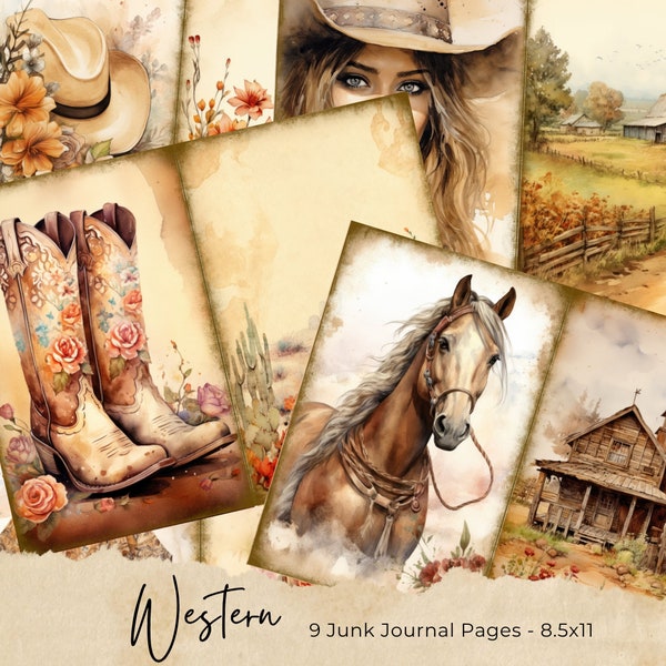 Watercolor Western Junk Journal Printable Pages, Cowboy Junk Journal Kit, Cowgirl Junk Journal Paper, Digital Collage Sheet