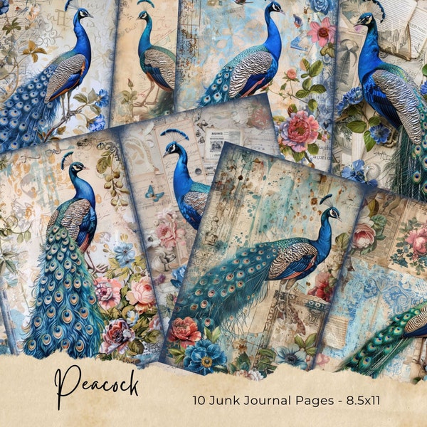Fantasy Peacock Junk Journal Kit Peacock Scrapbook Printable Backgrounds Enchanted Forest Junk Journal Supplies Shabby Chic Peacock Digital