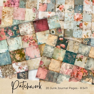 Pagine di diario spazzatura trapunta patchwork / Mezze carte stampabili / Kit digitale diario / Scrapbook / Carte / Artigianato / Tessuto Shabby Chic