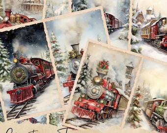 Könnte beinhalten: Neun digitale druckbare Seiten mit Vintage-Illustrationen von roten und grünen Weihnachtszügen in einer verschneiten Winterlandschaft. Der Text "Christmas Train" und "9 Junk Journal Pages - 8.5x11" ist im Bild enthalten.