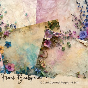 May include: Ten digital paper backgrounds featuring a vintage, textured look with floral accents in shades of blue, pink, and yellow. The papers are designed for junk journaling and measure 8.5x11 inches.