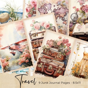 Páginas de diario basura de viaje vintage, efímera floral digital, hoja de collage en mal estado imprimible, maleta antigua, kit de papel de vacaciones para álbum de recortes