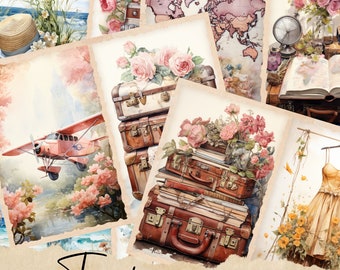 Páginas de diário de viagem vintage, itens florais digitais, folhas de colagem surradas para impressão, mala antiga, kit de papel para scrapbook de férias