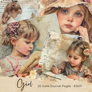 Kleines Mädchen Junk Journal Seiten, ganzseitiges Junk Journal Kit, digitale Papiere, druckbare Ephemera, Digital Journal Kit, viktorianisches Mädchen Journal