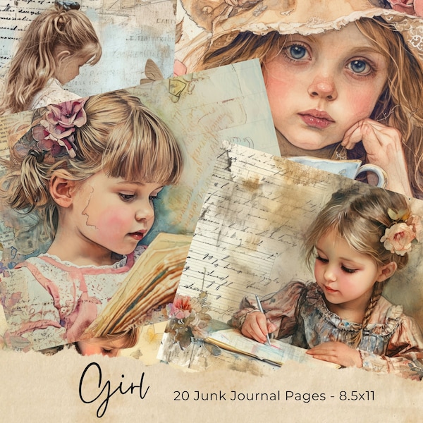 Little Girl Junk Journal Pages, Full Page Junk Journal Kit, Digital Papers, Printable Ephemera, Digital Journal Kit, Victorian Girl Journal