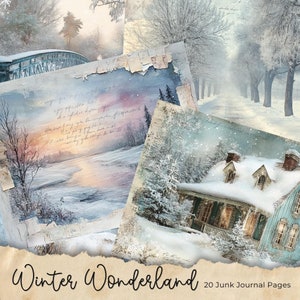 Kit de diario basura de invierno, páginas de diario imprimibles de collage de nieve, papel digital vintage para scrapbooking, fondo de invierno Shabby Chic