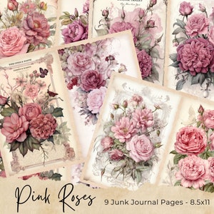 Pink Roses Junk Journal Pages, Vintage Roses Junk Journal Kit, Junk Journal Printable Paper, Digital Collage Sheet, Instant Download