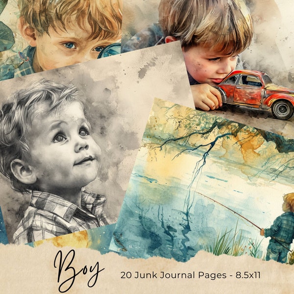 Little Boy Junk Journal Pages, Full Page Junk Journal Kit, Digital Papers, Printable Ephemera, Digital Journal Kit, Victorian Boy Journal