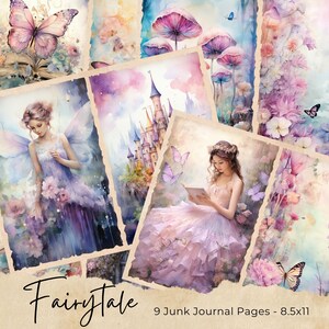 Pages de carnet de voyage féeriques, collages papillons enchantés à imprimer, kit fantastique, papier de carnet de voyage papillons et fées, conte de fées