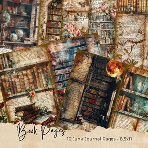 Libri vintage pagine di diario spazzatura, kit di carta per album digitali, biblioteca vittoriana stampabile, effimeri del mondo accademico oscuro, foglio di collage di lettura
