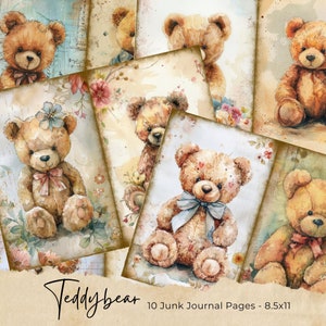 Oso de peluche de acuarela, páginas de diario basura imprimibles, oso de peluche lindo, hoja de collage digital, página de diario de descarga digital, tarjeta vintage