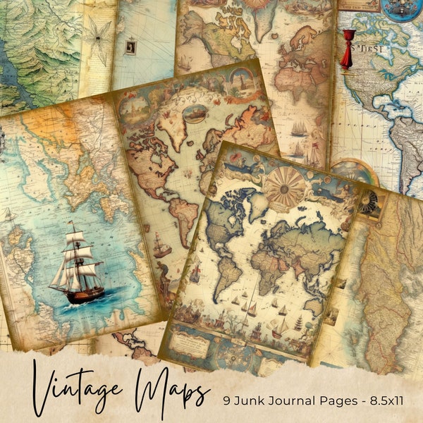 Vintage Map Junk Journal Pages, Printable Antique World Maps, Digital Scrapbook Kit, Old Aged Distressed Paper, Grunge Download, Nautical