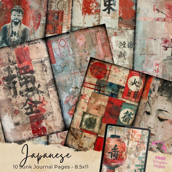 Vintage Japan Junk Journal Pages, Digital Scrapbook Paper Kit, Japanese Ephemera, Printable Collage Sheet, Asian Background, Oriental Prints