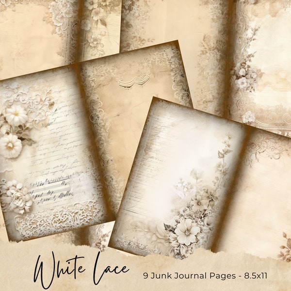 Vintage Lace Junk Journal Pages, Digital Grunge Scrapbook Paper, Printable Collage Sheet, Antique Distressed Paper, White Lace Ephemera