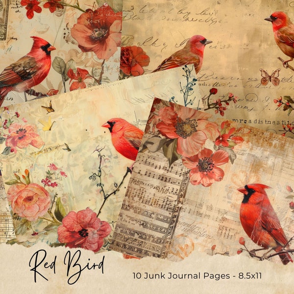 Kit de journal indésirable oiseaux et fleurs rouges Journal floral vintage éphémère oiseaux papier numérique pour scrapbooking feuilles de collage imprimables
