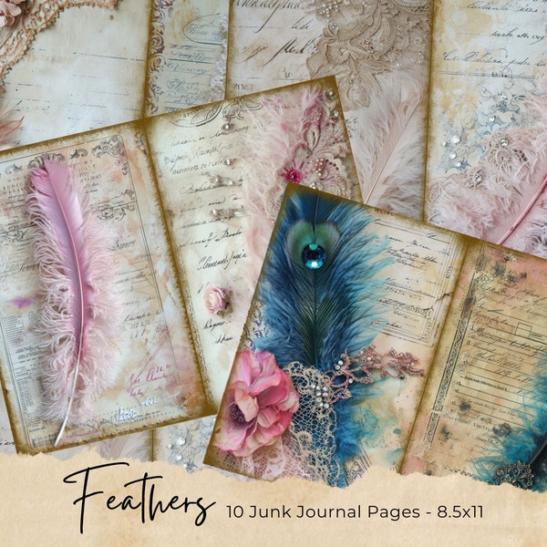 Feather Junk Journal Pages, Junk Journal Kit | Printable Journal Pages | Digital Paper Ephemera | Watercolor Illustrations Boho