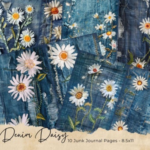 Denim Daisy Junk Journal Pages, Textile Mix with Denim Collage Printable Half Papers, Printable Paper, Digital Collage Sheet, Jean