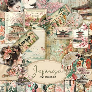 Páginas vintage del diario basura de Japón: páginas del diario basura de flor de cerezo, fondo asiático, hoja de collage imprimible, impresiones orientales