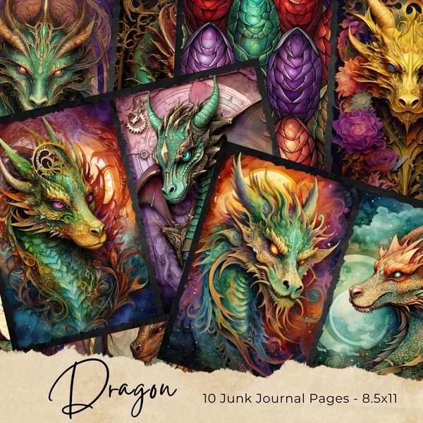 Dragon Junk Journal Kit, Printable JPG Pages with Ephemera, Dragon Digital Paper, Junk Journal Pages, Digital Collage Sheet