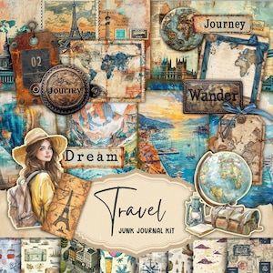 Il viaggiatore stampabile Junk Journal Kit Vintage Grunge Download digitale Scrapbook antico Carta Collage Fogli Viaggi Effimeri industriali